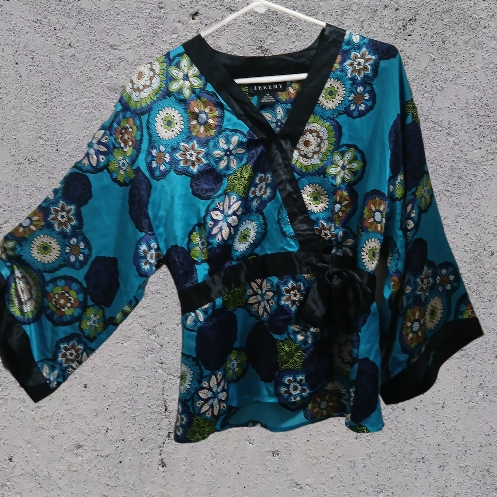 Vintage Teal Floral Mosaic Silk Kimono Blouse- Spenser Jeremy